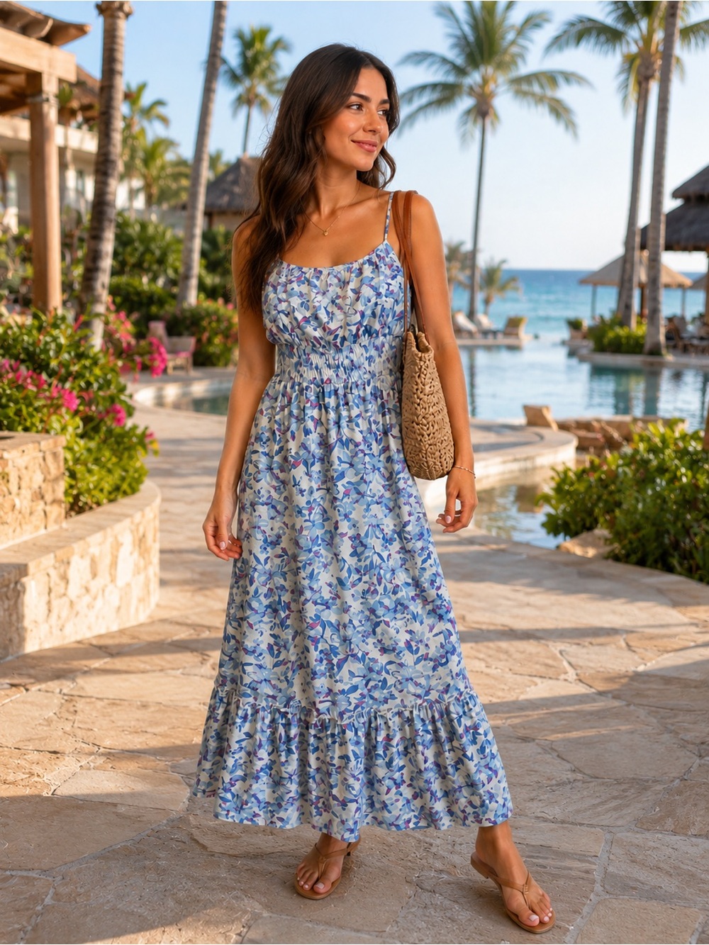 Grace Karin Blue & White Floral Maxi Dress with Smocked Waist